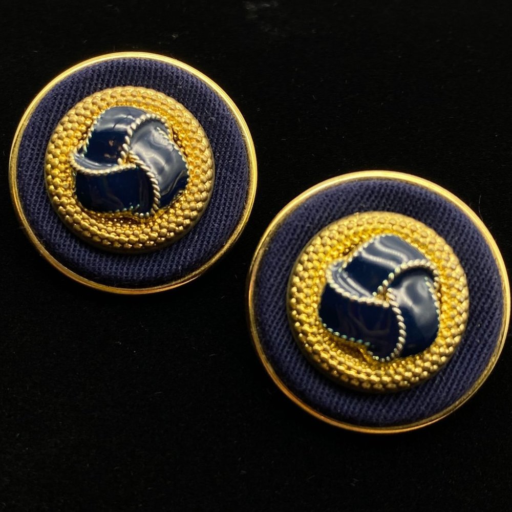 Vintage button stud back blue gold‎ enamel fabric earrings unmarked